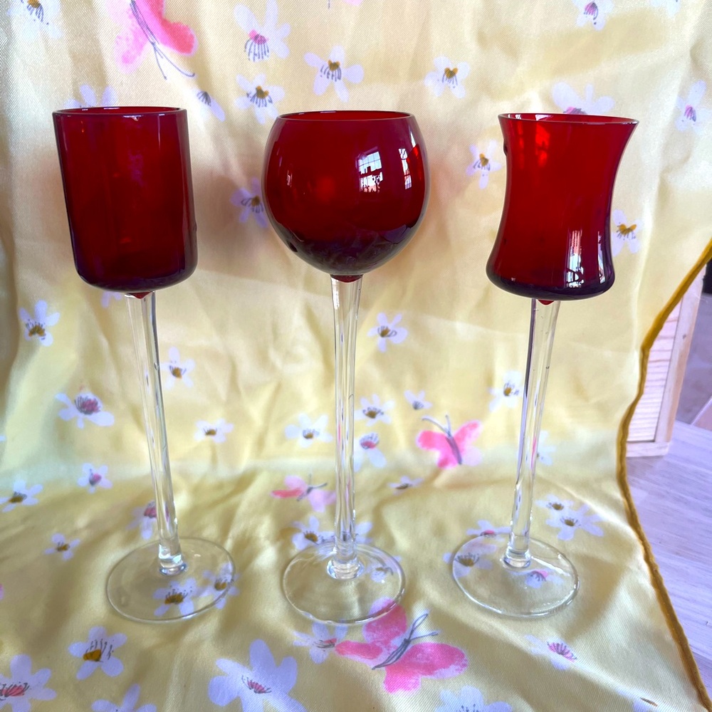Set of 3 Beautiful Red Vintage Cordial Glasses